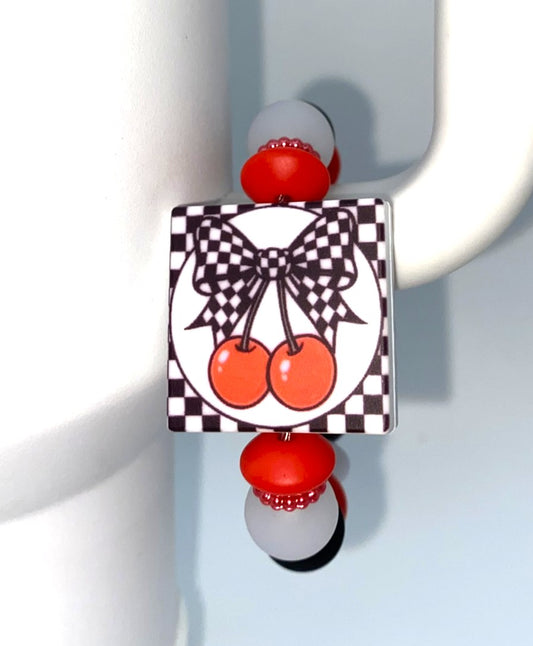 Checkered Cherries w/Bow Stanley Tumbler Cup Handle Charm