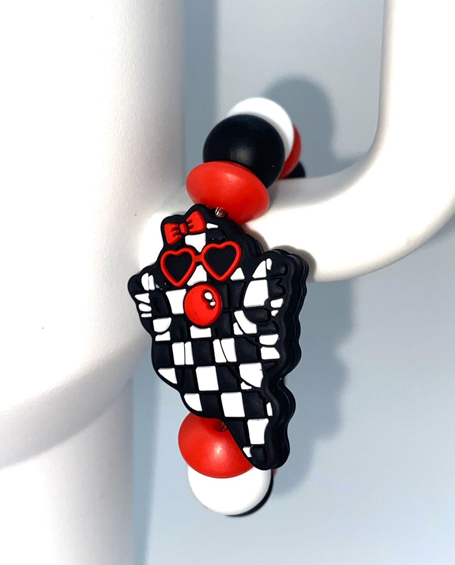 Black & White Checkered Bubblegum Blowing Ghost Halloween Stanley Tumbler Cup Handle Charm