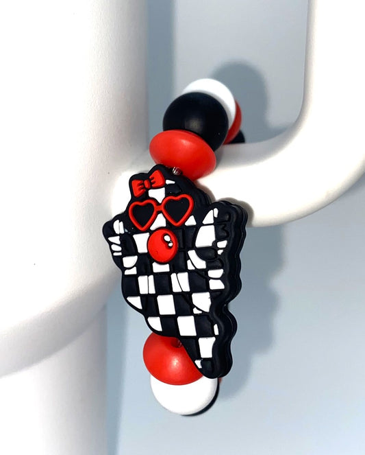 Black & White Checkered Bubblegum Blowing Ghost Halloween Stanley Tumbler Cup Handle Charm