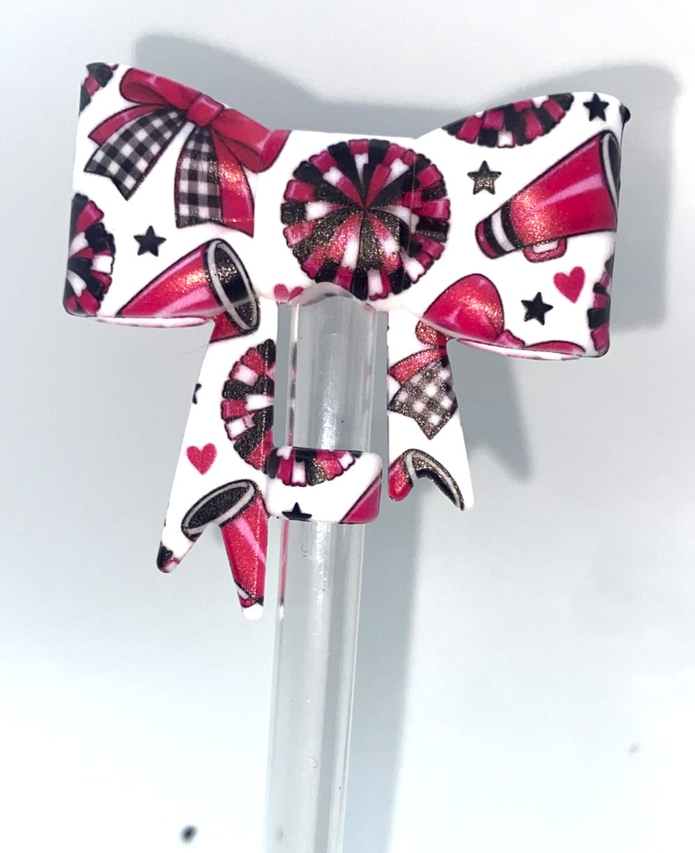Cheer Cheerleader Bow Pink Straw Topper