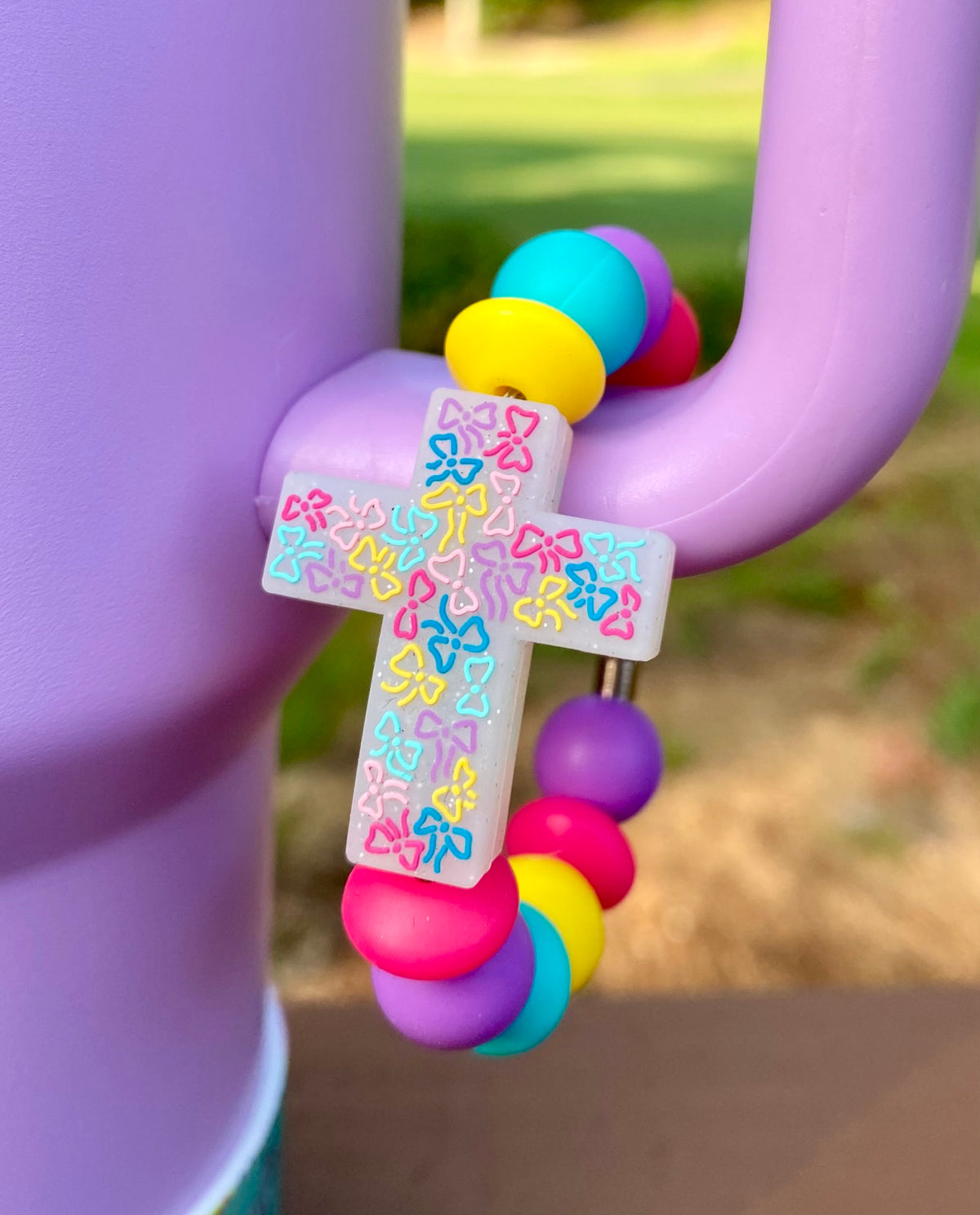 Colorful Ribbon Bows Glitter Cross Stanley Tumbler Cup Handle Charm