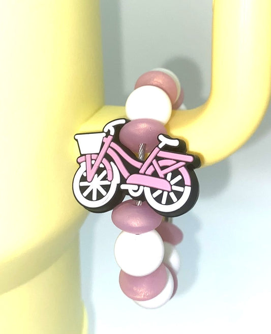 Pink Coral & White Bicycle Bike w/Basket Stanley Tumbler Cup Handle Charm