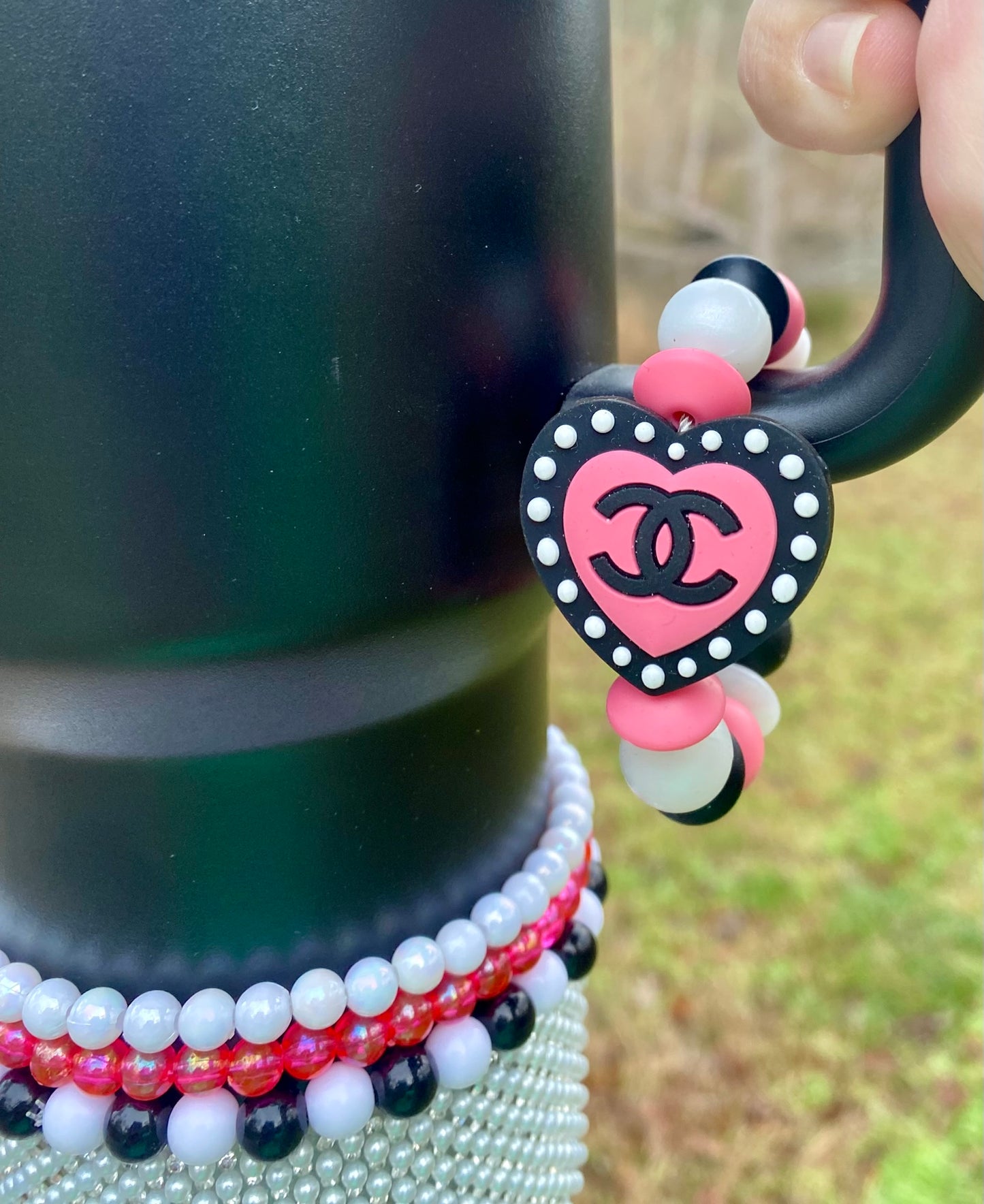 Designer Black & Pink CC Heart Stanley Tumbler Cup Handle Charm