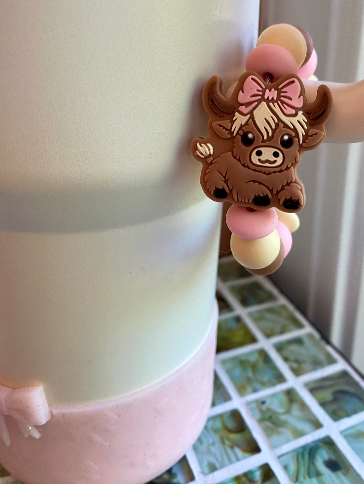 Highland Cow Girl w/Pink Bow Stanley Tumbler Cup Handle Charm