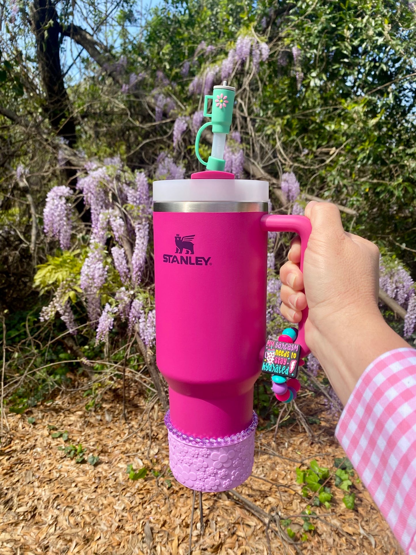 Tumbler 3D Teal Green w/Pink Flower Straw Topper