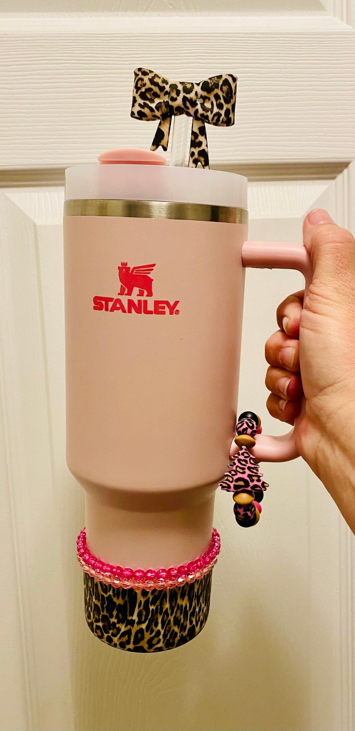 Pink Leopard Print Christmas Tree Stanley Tumbler Cup Handle Charm