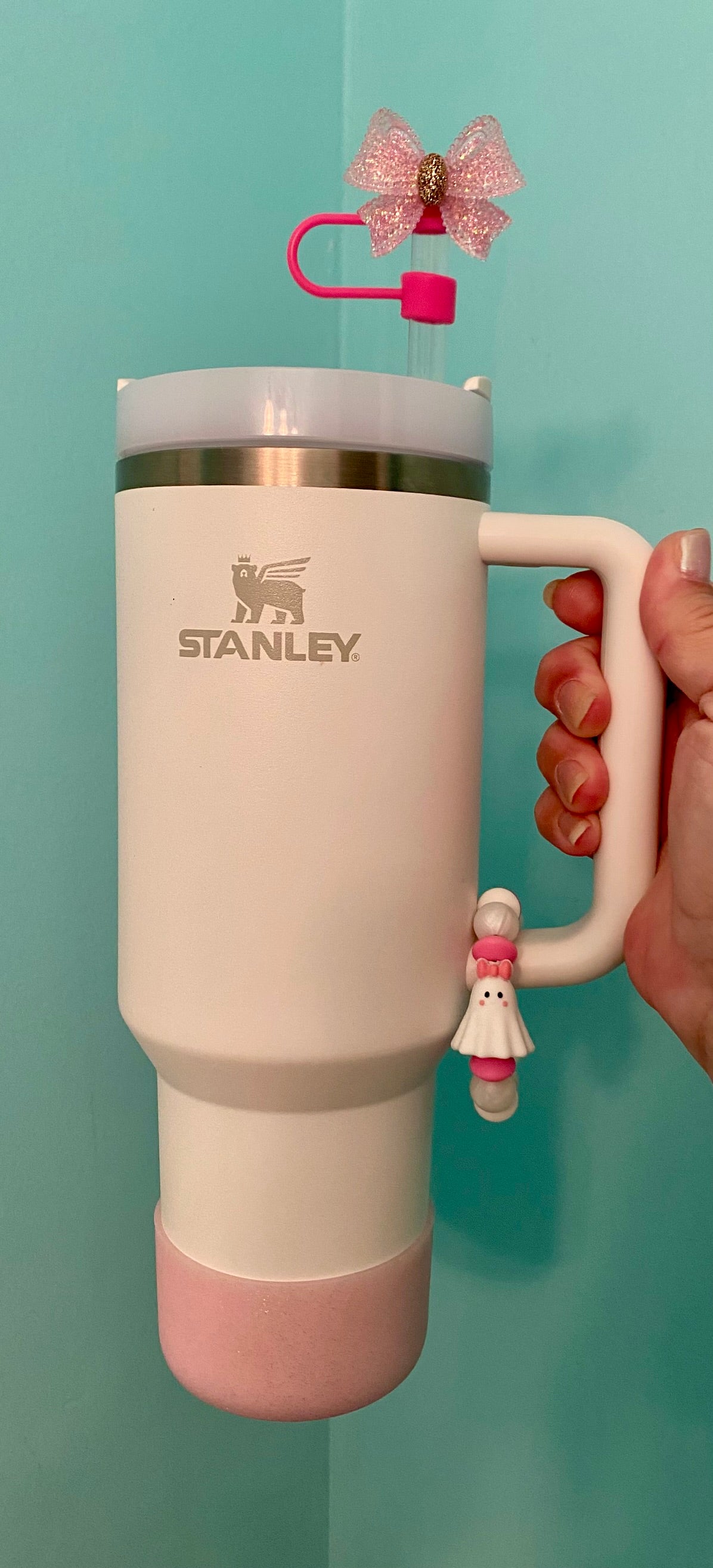 Light Pink Sparkly Resin Bow Straw Topper