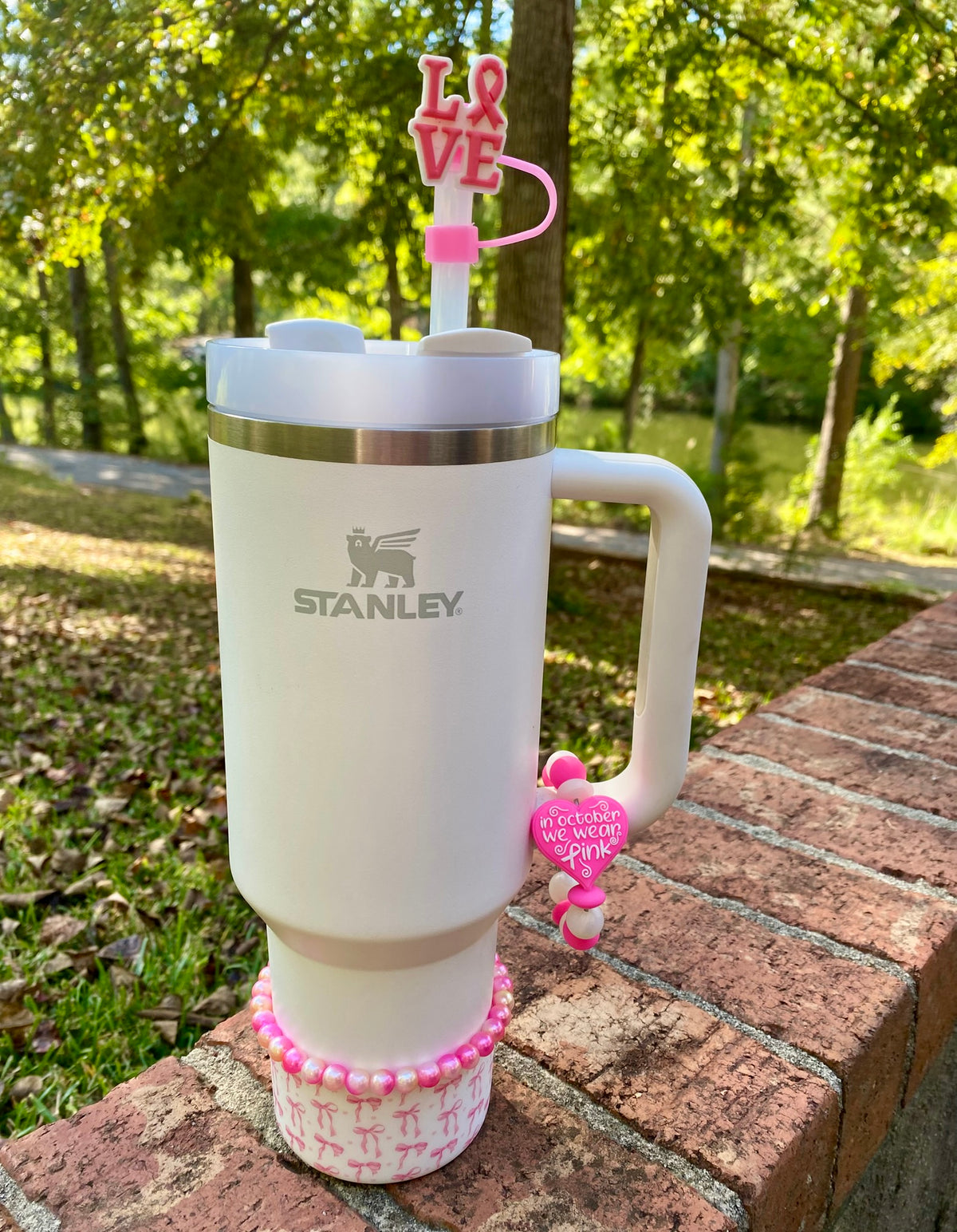 In October We Wear Pink Heart Pink Ribbon Breast Cancer Awareness Stanley Tumbler Cup Handle Charm