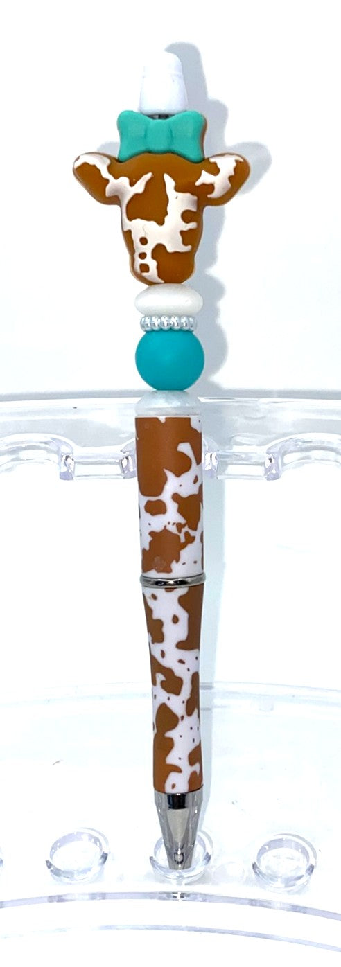 Brown Cow Print Head w/Teal Bow 3D Beaded Pen