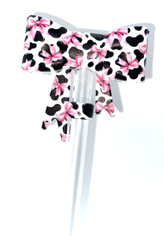 Pink Coquette Bows & Cow Print Bow Straw Topper