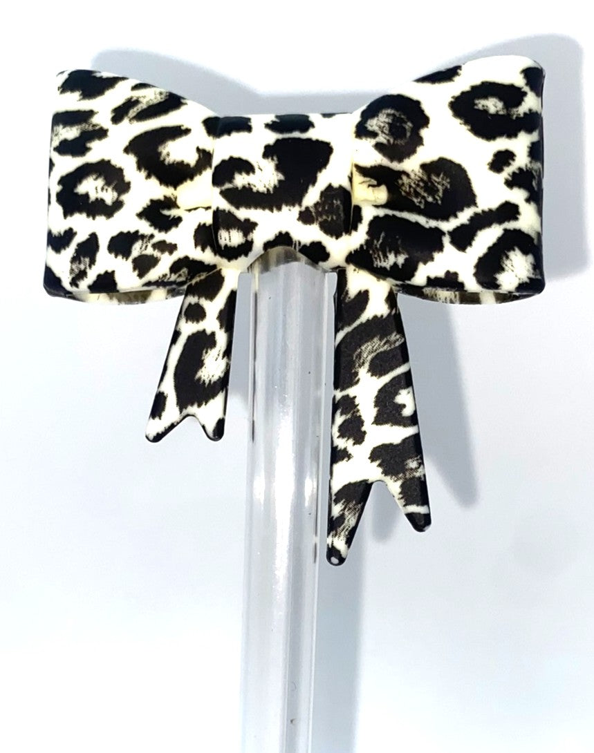 Cream Leopard Print Bow Straw Topper
