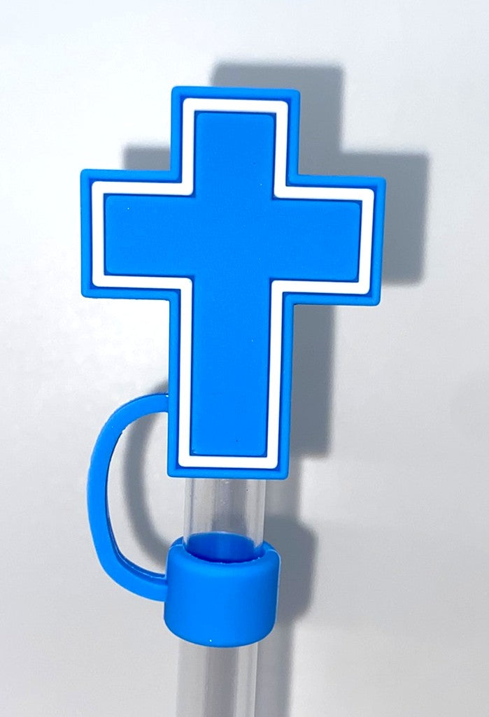 Cross 3D Blue w/White Outline Straw Topper