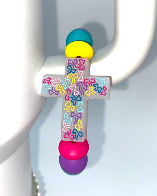 Colorful Ribbon Bows Glitter Cross Stanley Tumbler Cup Handle Charm