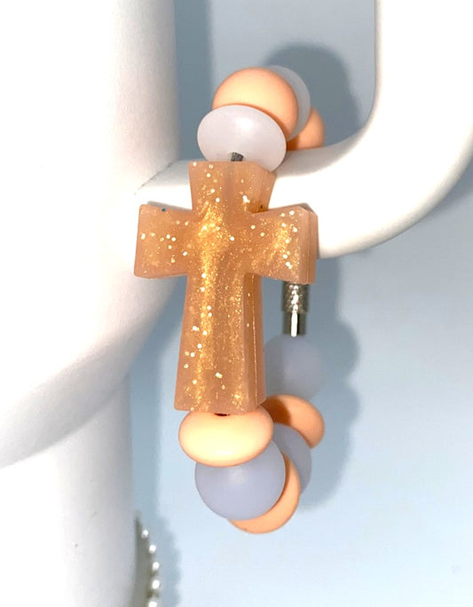 Peach Glitter Cross Stanley Tumbler Cup Handle Charm