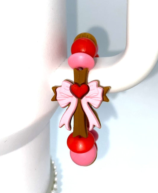Wooden Cross w/Pink Bow Stanley Tumbler Cup Handle Charm