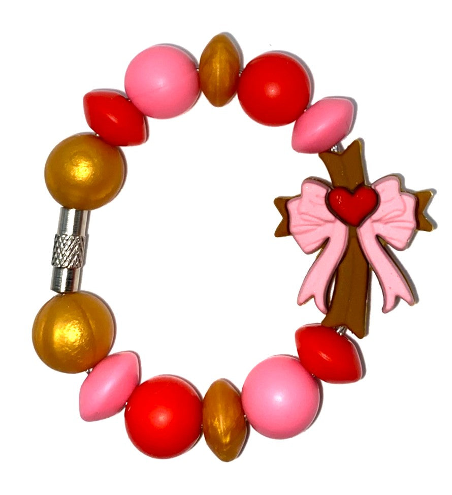 Wooden Cross w/Pink Bow Stanley Tumbler Cup Handle Charm
