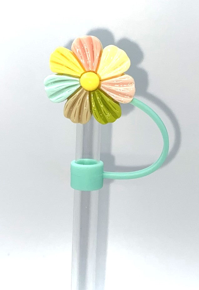 Multi Colored Daisy Flower w/Teal Base Straw Topper
