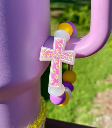 Purple Daisy Glitter Cross Stanley Tumbler Cup Handle Charm