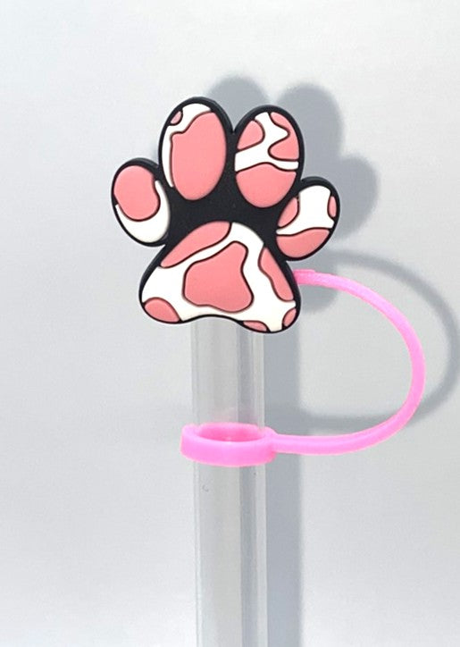 Dog Paw Pink Cow Print Straw Topper
