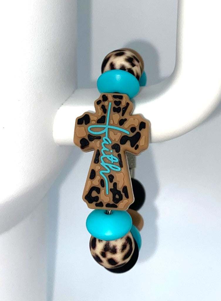Leopard Print Faith Cross Stanley Tumbler Cup Handle Charm