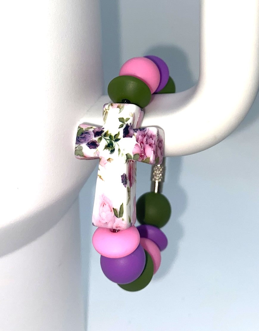 Floral Roses Cross Stanley Tumbler Cup Handle Charm