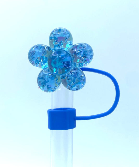 Glitter Flower Blue Straw Topper