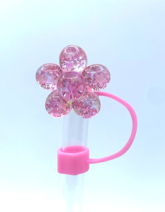 Glitter Flower Pink Straw Topper