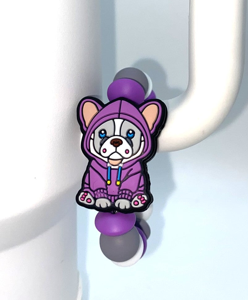 Frenchie in Purple Hoodie Stanley Tumbler Cup Handle Charm