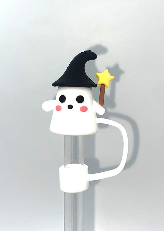 Ghost w/Black Witch Hat & Wand 3D Halloween Straw Topper