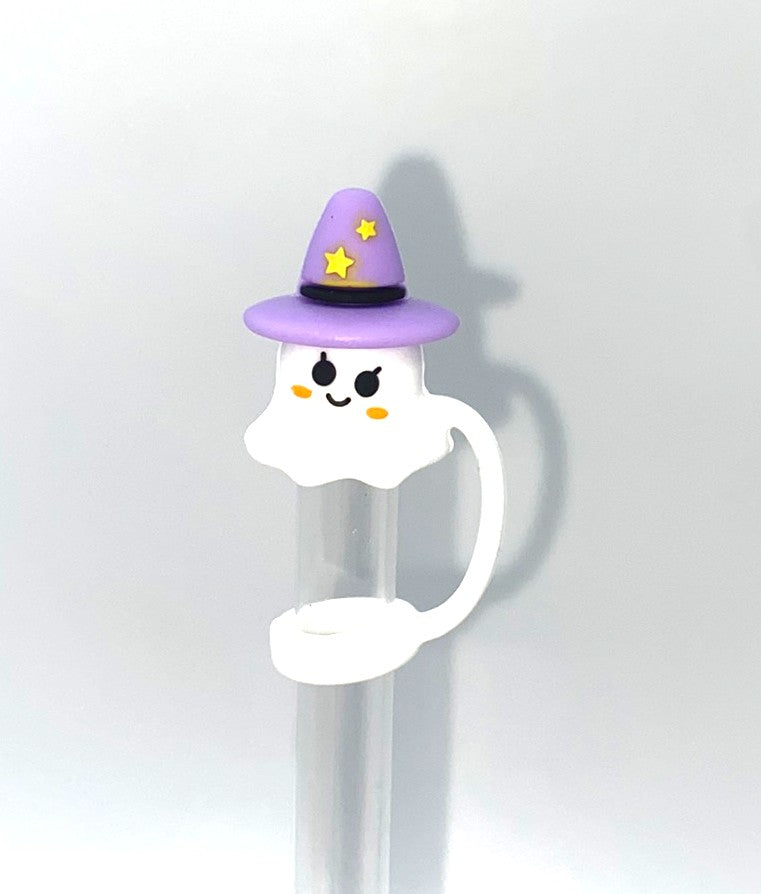Ghost w/Purple Witch Hat 3D Halloween Straw Topper