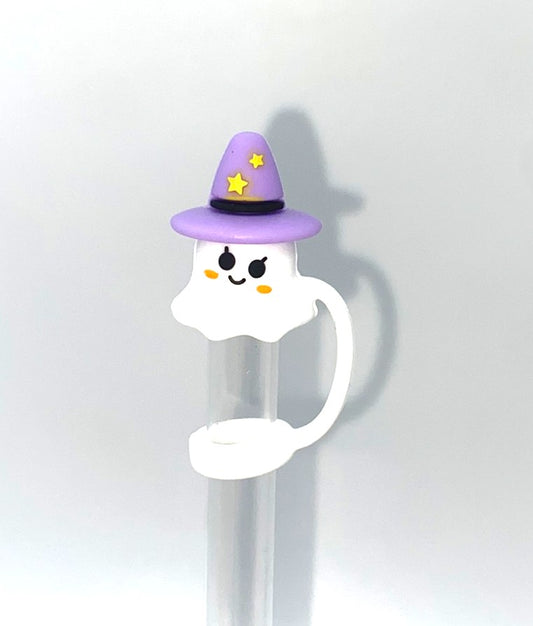 Ghost w/Purple Witch Hat 3D Halloween Straw Topper