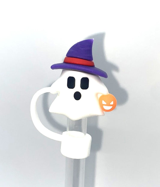 Ghost w/Purple Witch Hat and Jack O Lantern 3D Halloween Straw Topper
