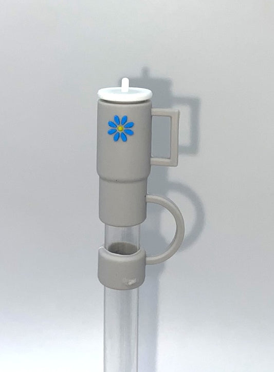 Tumbler 3D Gray w/Blue Flower Straw Topper