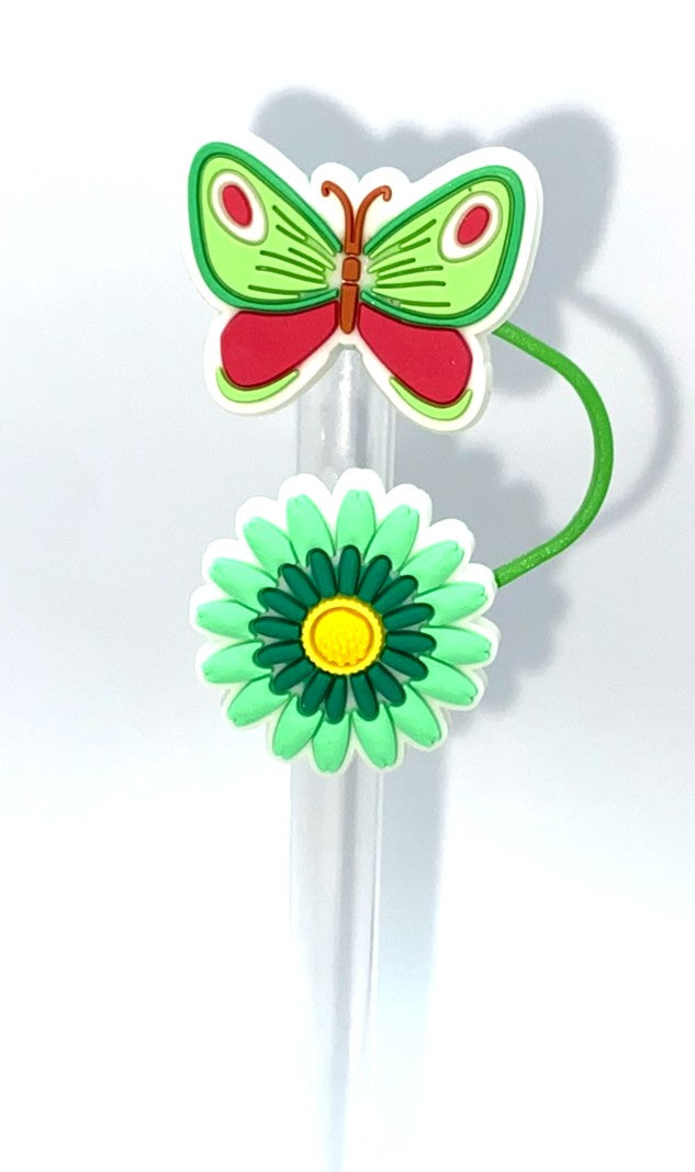 Green & Red Butterfly and Green Flower Straw Topper