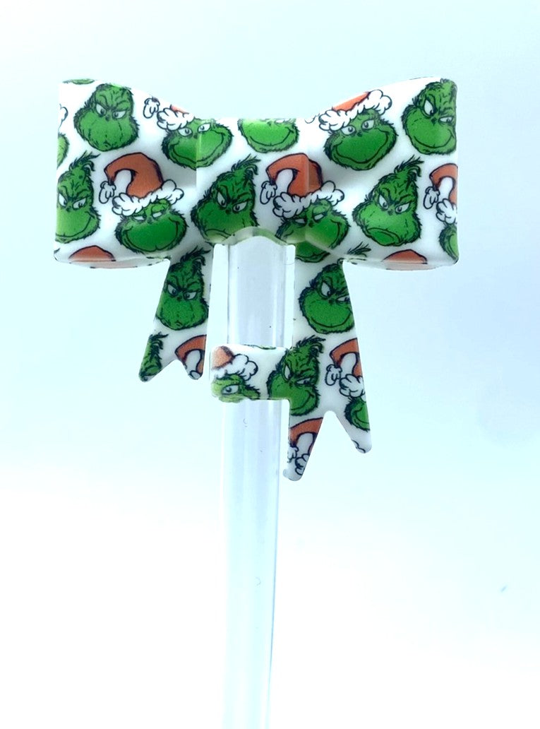 Mean Green Guy Santa Bow Straw Topper