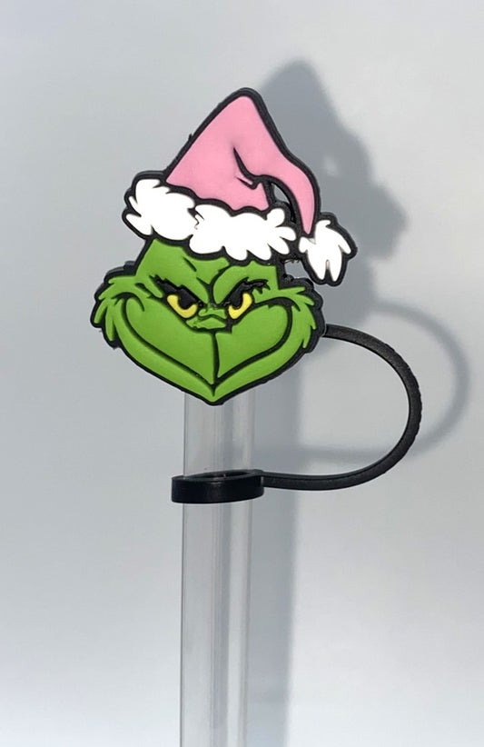 Mean Green Guy Pink Santa Hat Straw Topper