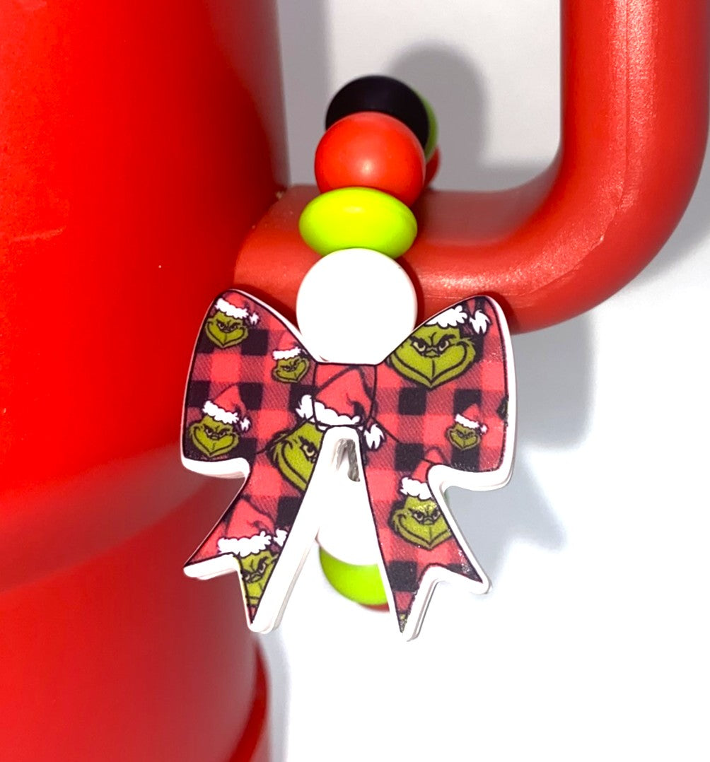 Mean Green Guy Plaid Bow Christmas Stanley Tumbler Cup Handle Charm