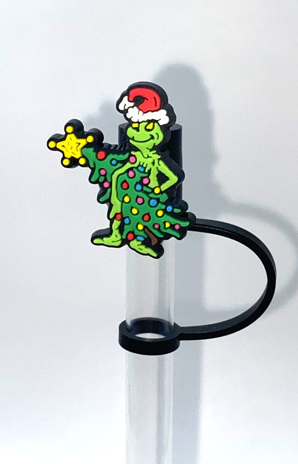 Mean Green Guy Stealing Christmas Tree Santa Straw Topper