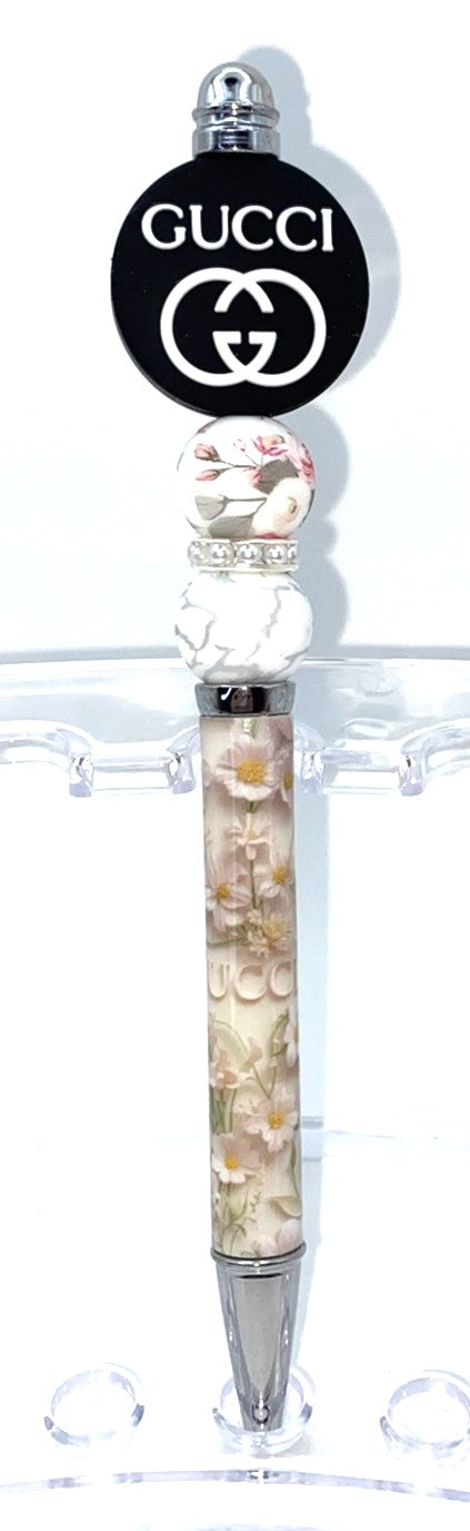 Designer Guc Round Black & White Beaded Pen