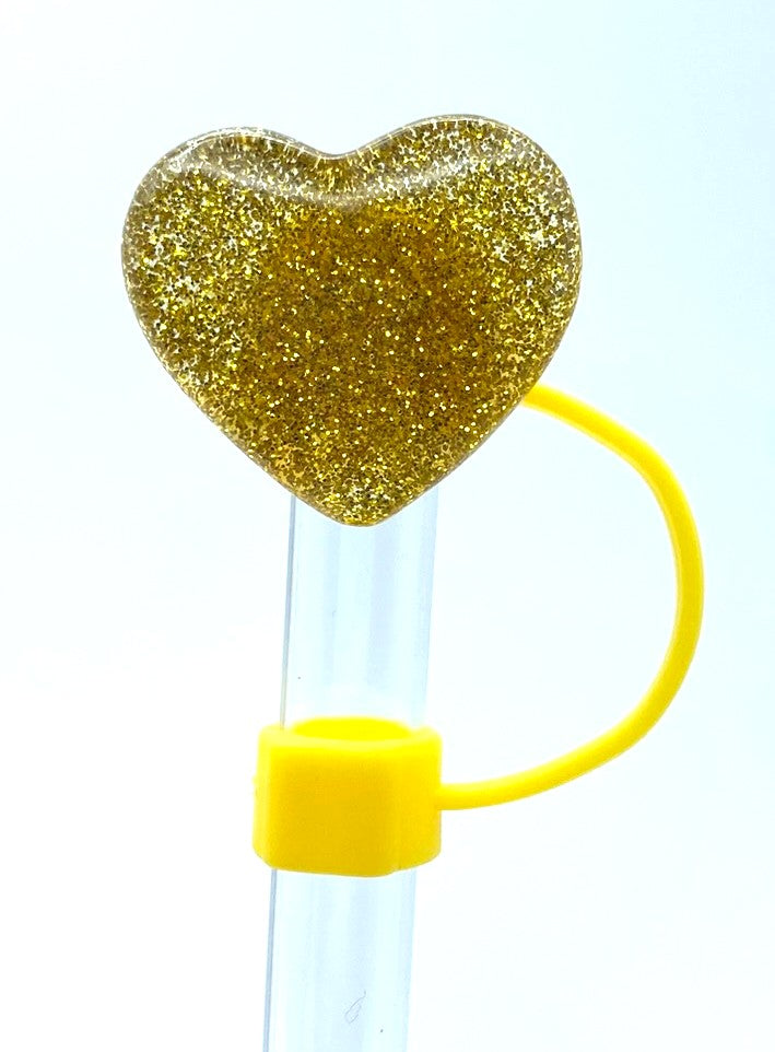 Glitter Heart Gold Yellow Straw Topper