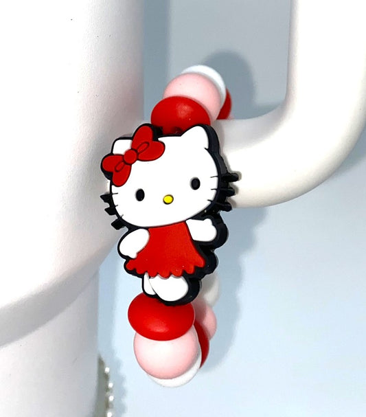 Cute Kitty Red Dress w/Red Bow Stanley Tumbler Cup Handle Charm