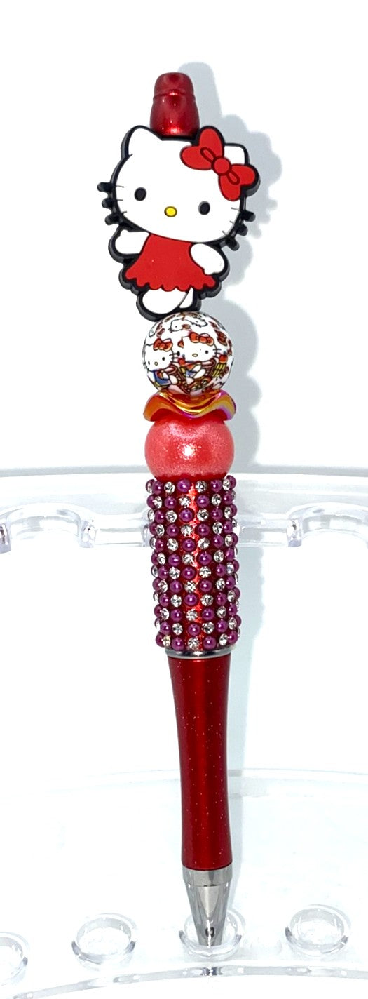 Cute Kitty In Red Dress Beaded Pen