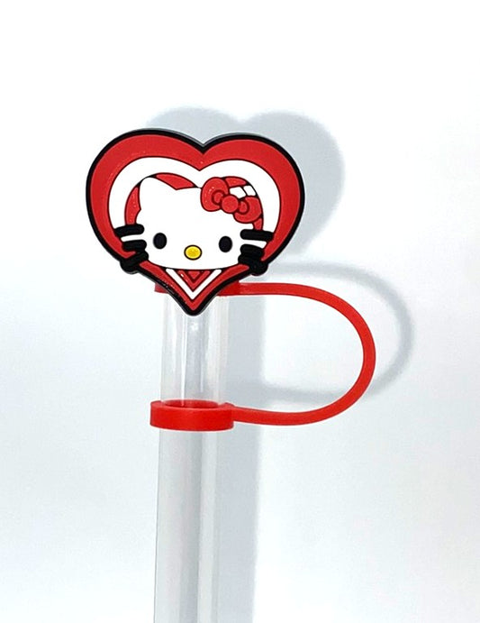 Cute Kitty In Red Heart Straw Topper