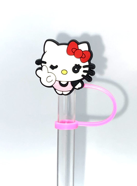 Cute Kitty Winking w/Peace Sign Straw Topper