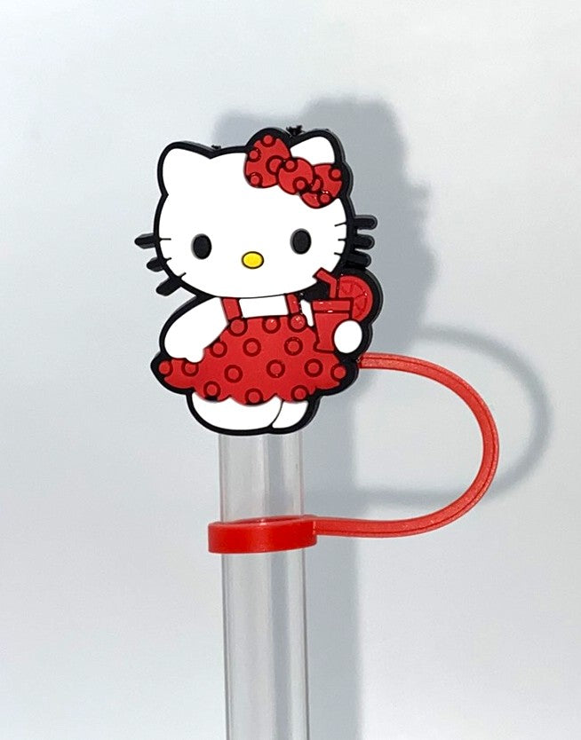 Cute Kitty In Red Dress w/Drink Straw Topper