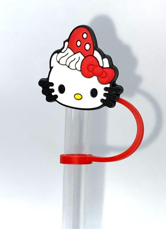 Cute Kitty In Polka Dot Santa Hat Straw Topper
