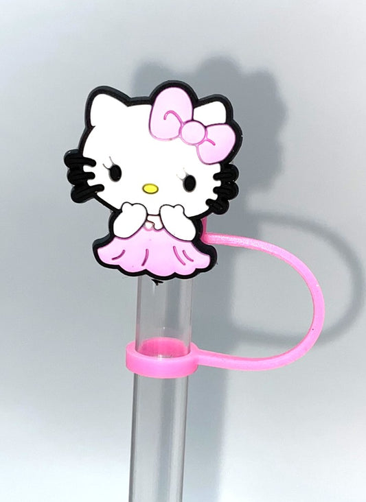Cute Kitty Shy in Pink Dress Straw Topper
