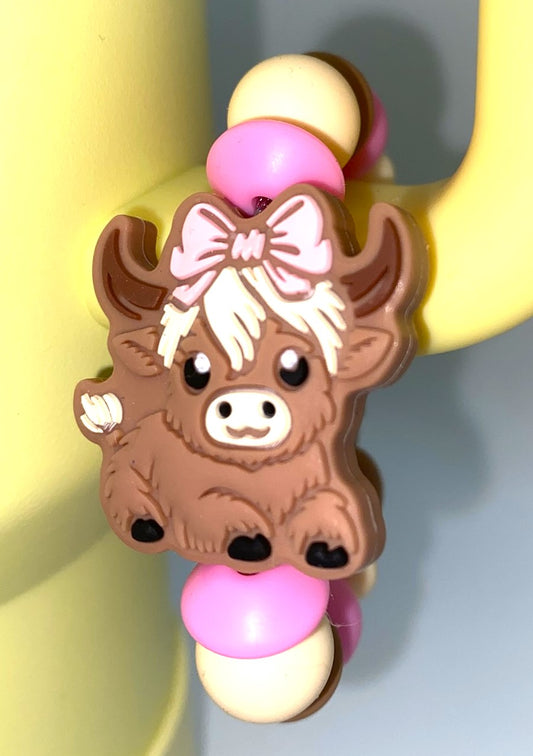 Highland Cow Girl w/Pink Bow Stanley Tumbler Cup Handle Charm