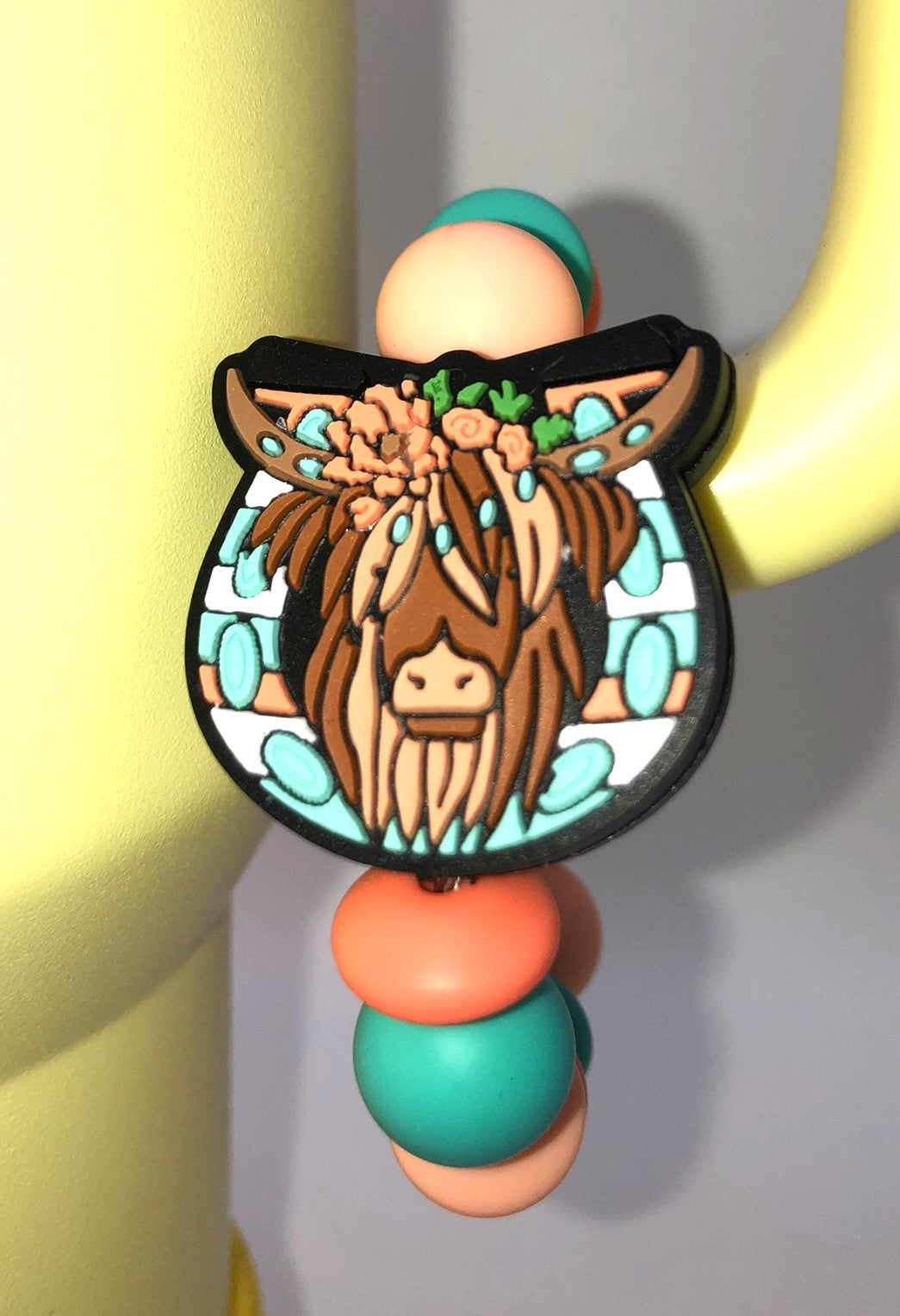 Highland Cow Floral Turquoise Horseshoe Stanley Tumbler Cup Handle Charm