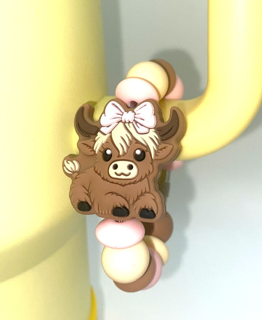 Highland Cow Girl w/Pink Bow Stanley Tumbler Cup Handle Charm